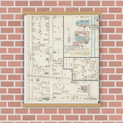 Old map wall art mockup — magnetic wood frame on brick wall — Sanborn Fire Insurance Map from Lockland, Hamilton County, Ohio (1886), Sheet #0003