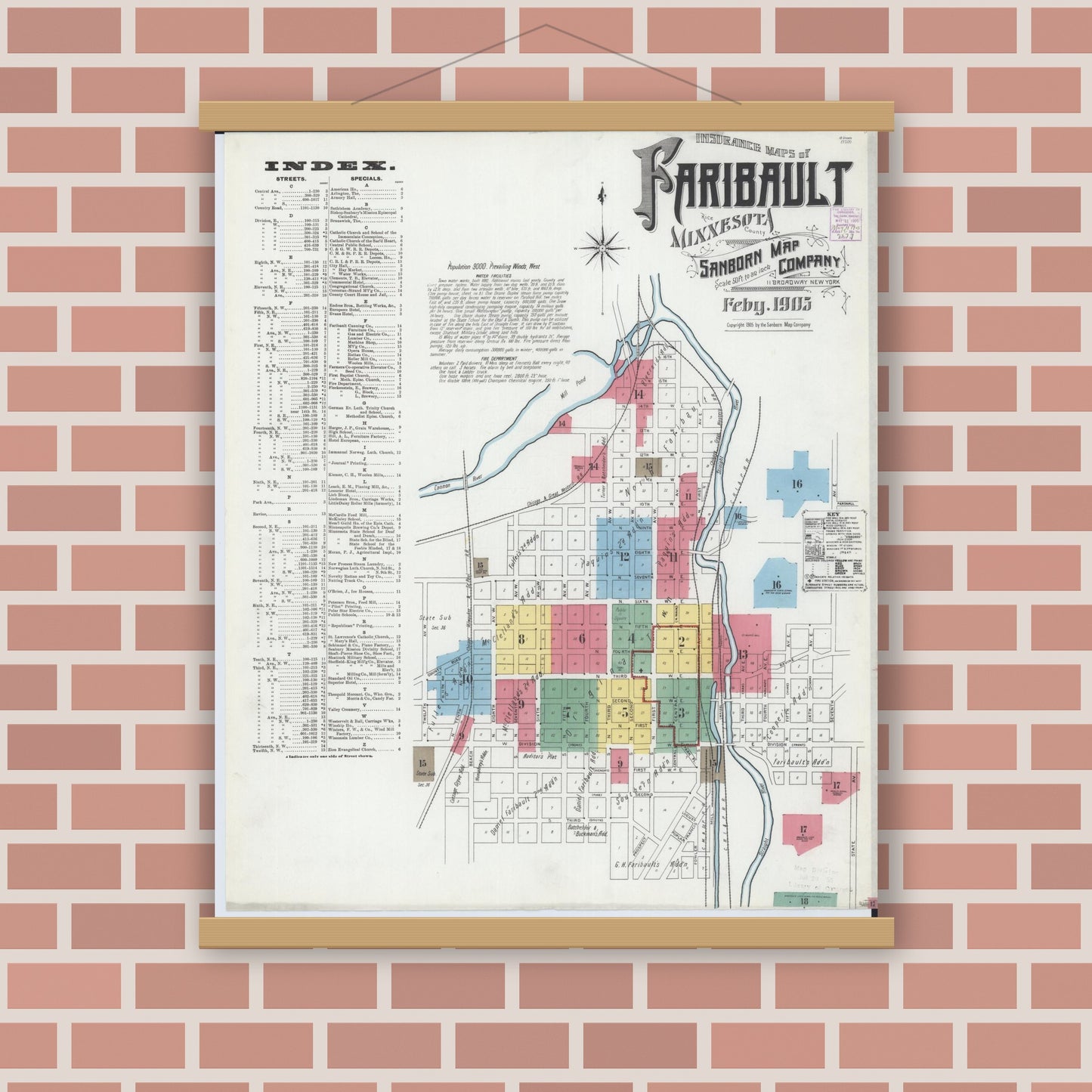 Old map wall art mockup — magnetic wood frame on brick wall — Sanborn Fire Insurance Map from Faribault, Rice County, Minnesota (1905), Sheet #0001