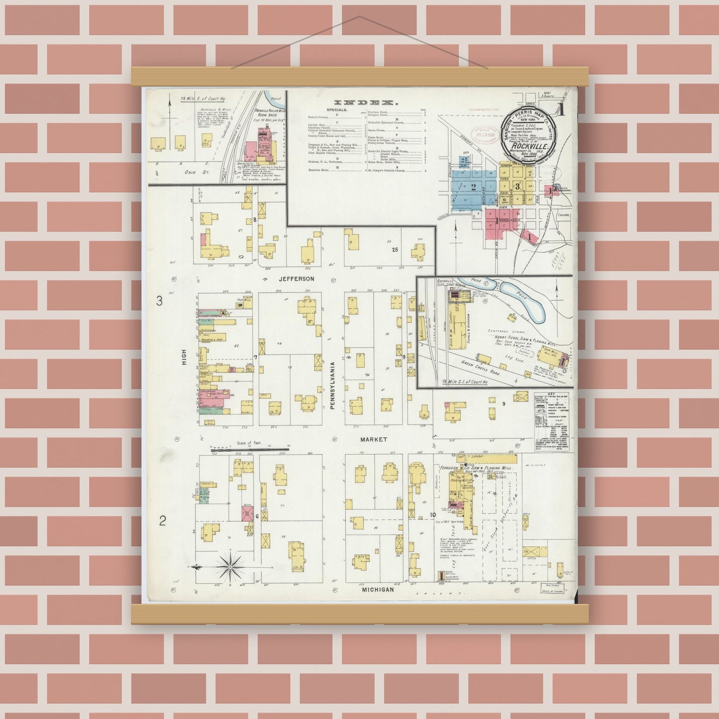 Old map wall art mockup — magnetic wood frame on brick wall — Sanborn Fire Insurance Map from Rockville, Parke County, Indiana (1898) - Complete Map Set