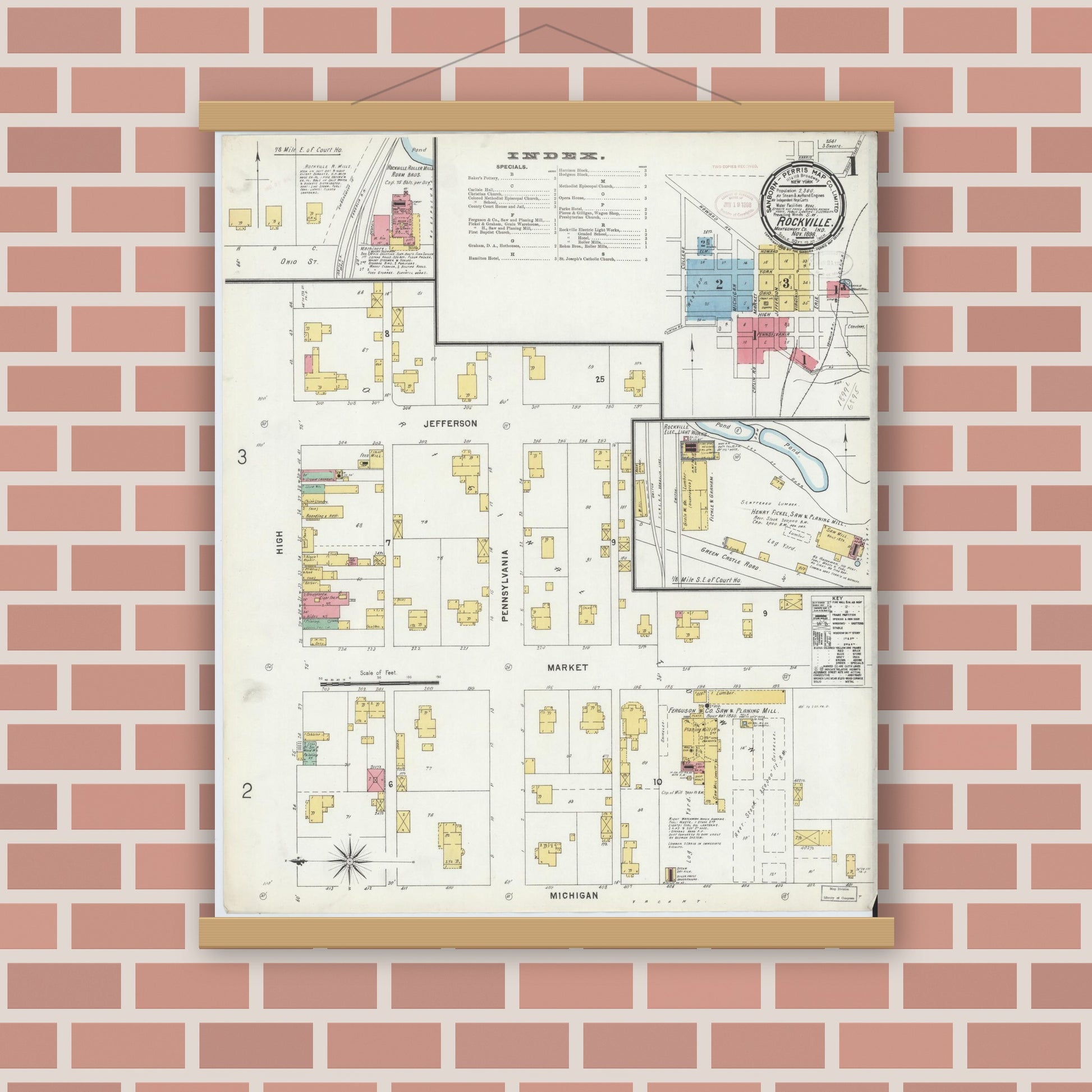 Old map wall art mockup — magnetic wood frame on brick wall — Sanborn Fire Insurance Map from Rockville, Parke County, Indiana (1898) - Complete Map Set