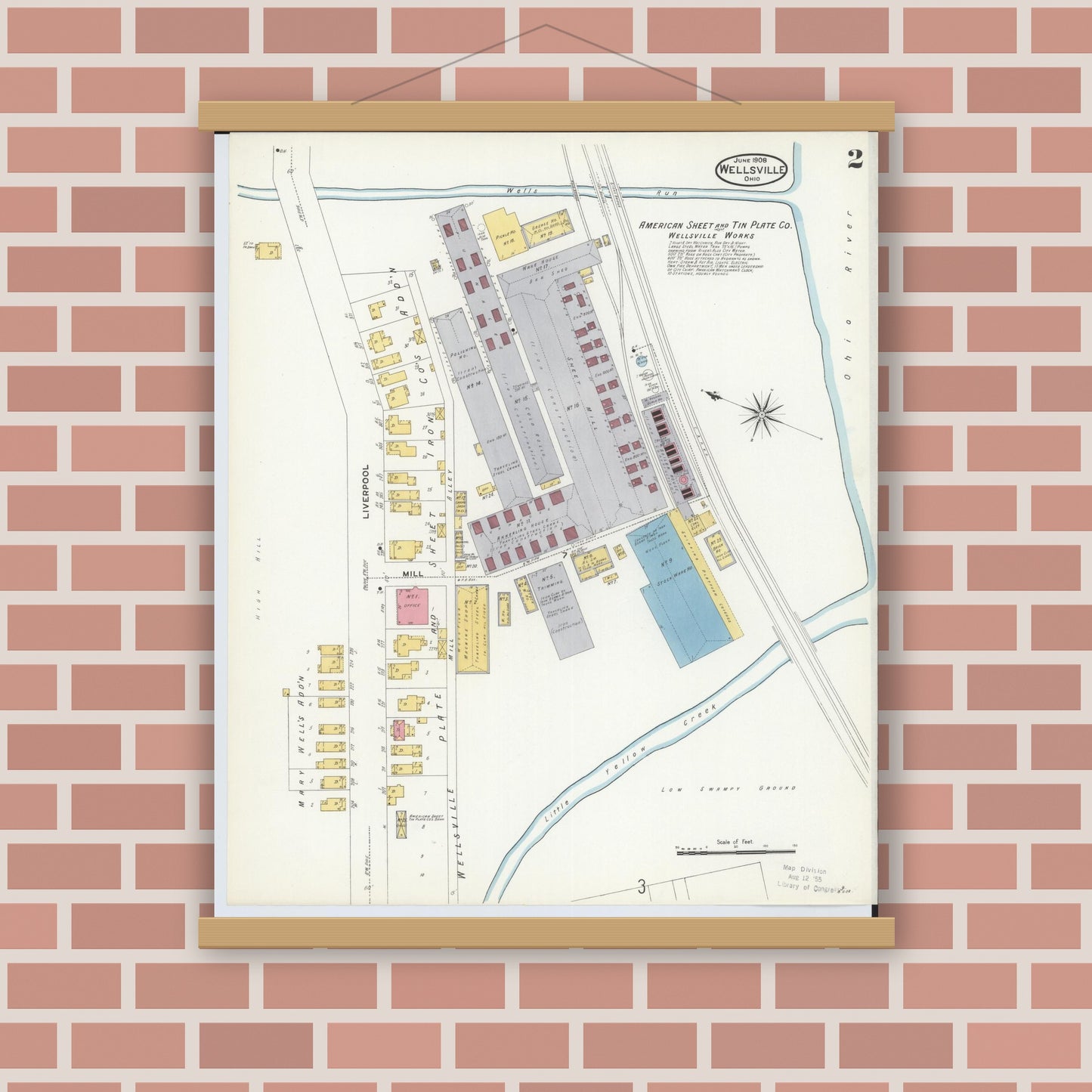 Old map wall art mockup — magnetic wood frame on brick wall — Sanborn Fire Insurance Map from Wellsville, Columbiana County, Ohio (1908), Sheet #0002