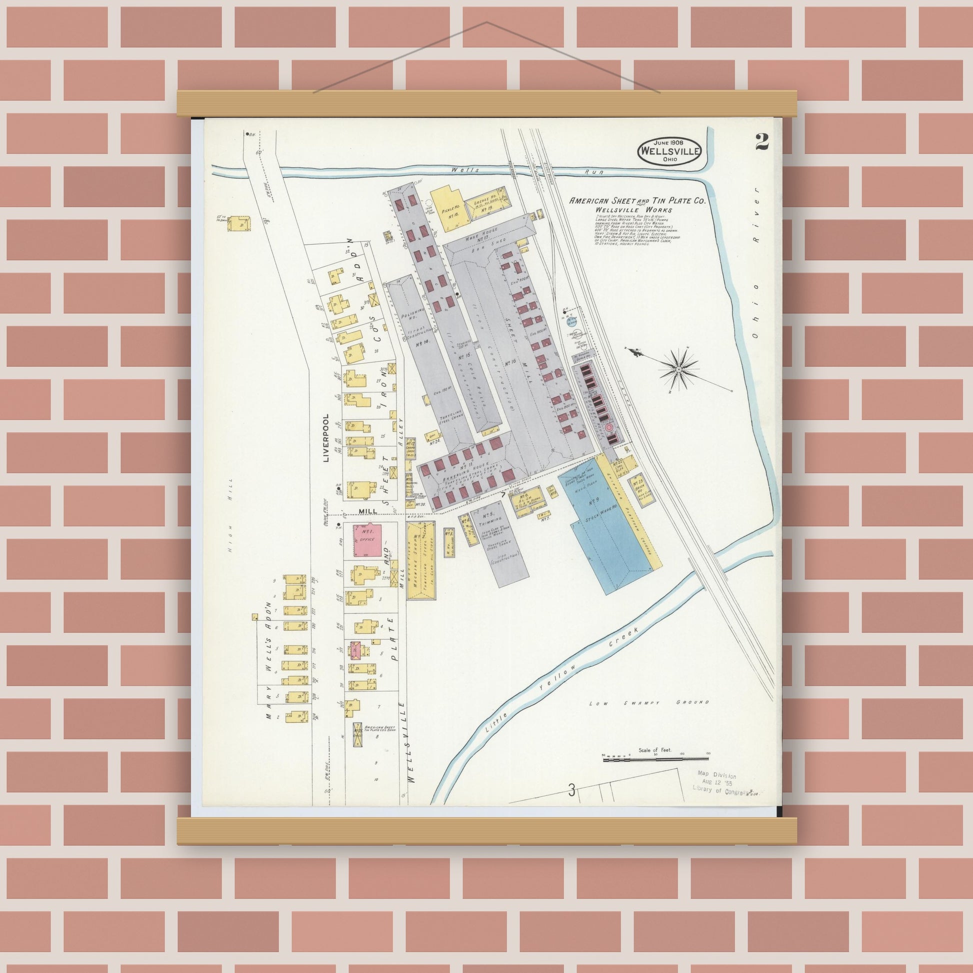 Old map wall art mockup — magnetic wood frame on brick wall — Sanborn Fire Insurance Map from Wellsville, Columbiana County, Ohio (1908), Sheet #0002