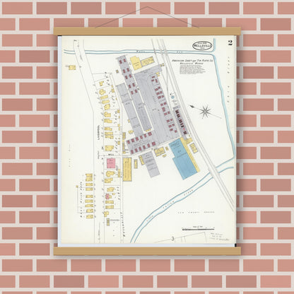 Old map wall art mockup — magnetic wood frame on brick wall — Sanborn Fire Insurance Map from Wellsville, Columbiana County, Ohio (1908), Sheet #0002