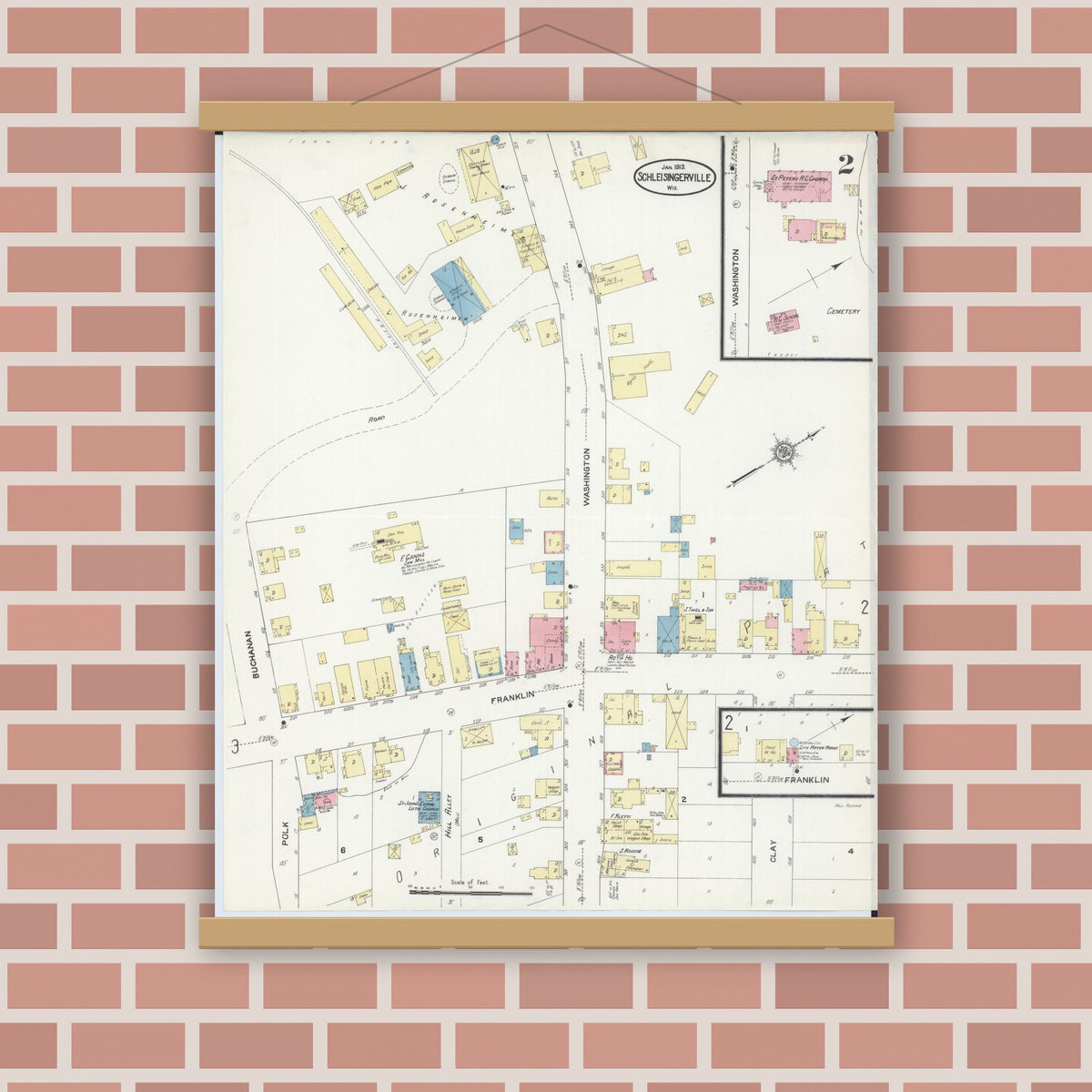 Old map wall art mockup — magnetic wood frame on brick wall — Sanborn Fire Insurance Map from Schleisingerville, Washington County, Wisconsin (1913), Sheet #0002