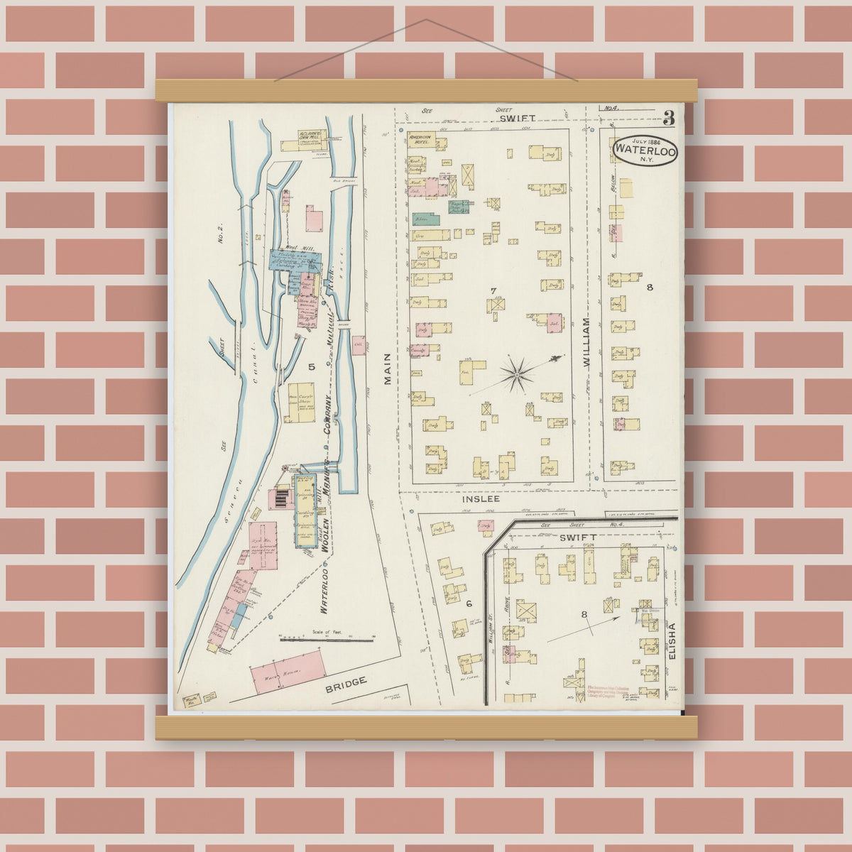 Old map wall art mockup — magnetic wood frame on brick wall — Sanborn Fire Insurance Map from Waterloo, Seneca County, New York (1886), Sheet #0003