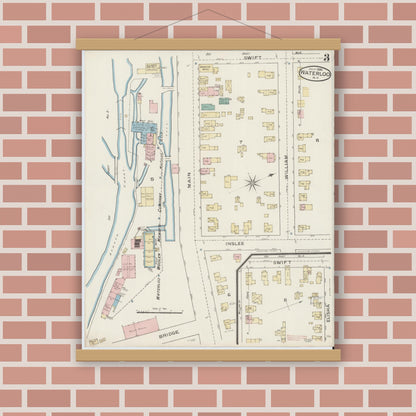 Old map wall art mockup — magnetic wood frame on brick wall — Sanborn Fire Insurance Map from Waterloo, Seneca County, New York (1886), Sheet #0003