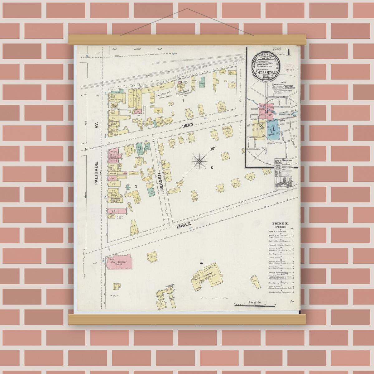 Old map wall art mockup — magnetic wood frame on brick wall — Sanborn Fire Insurance Map from Englewood, Bergen County, New Jersey (1890) - Complete Map Set
