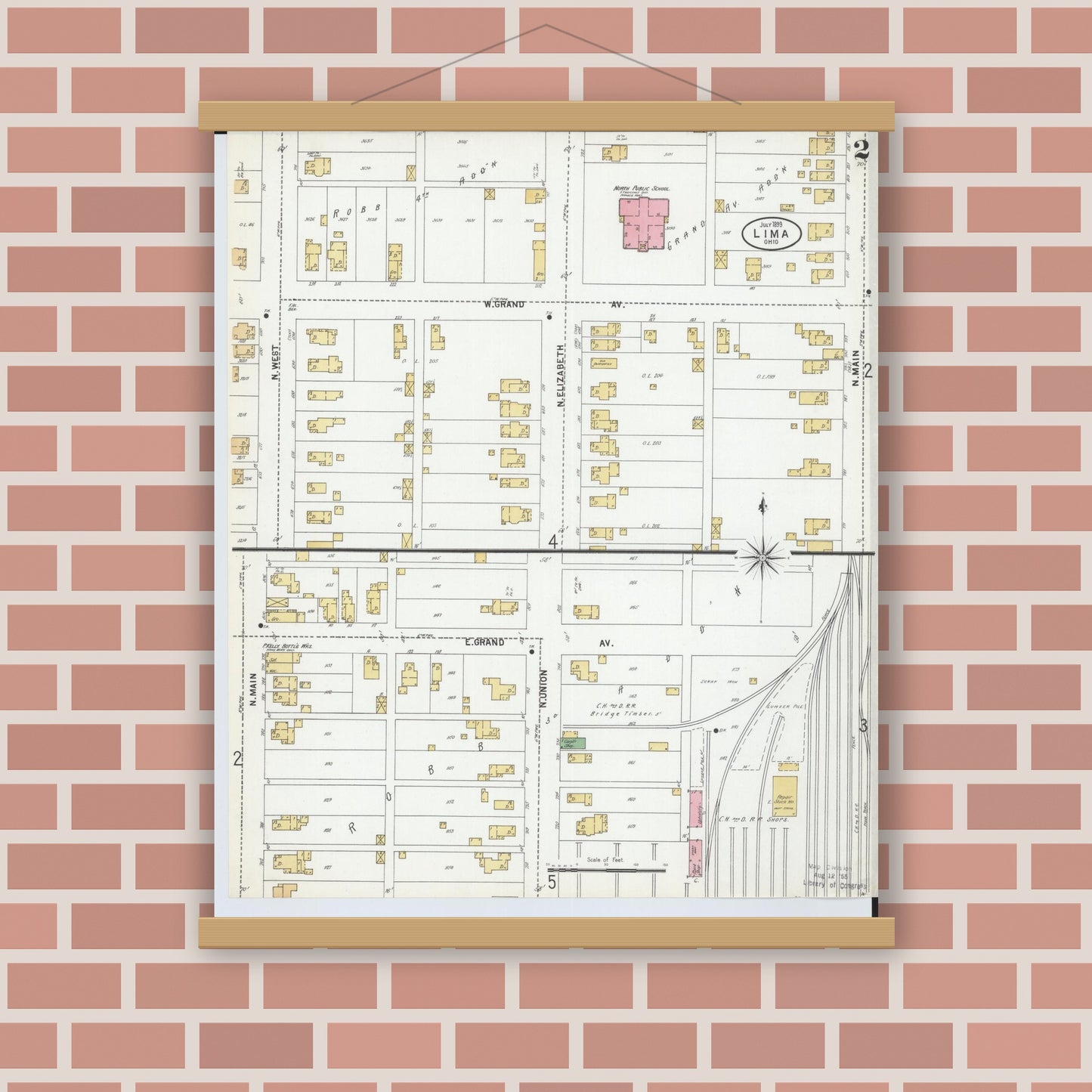 Old map wall art mockup — magnetic wood frame on brick wall — Sanborn Fire Insurance Map from Lima, Allen County, Ohio (1899), Sheet #0002