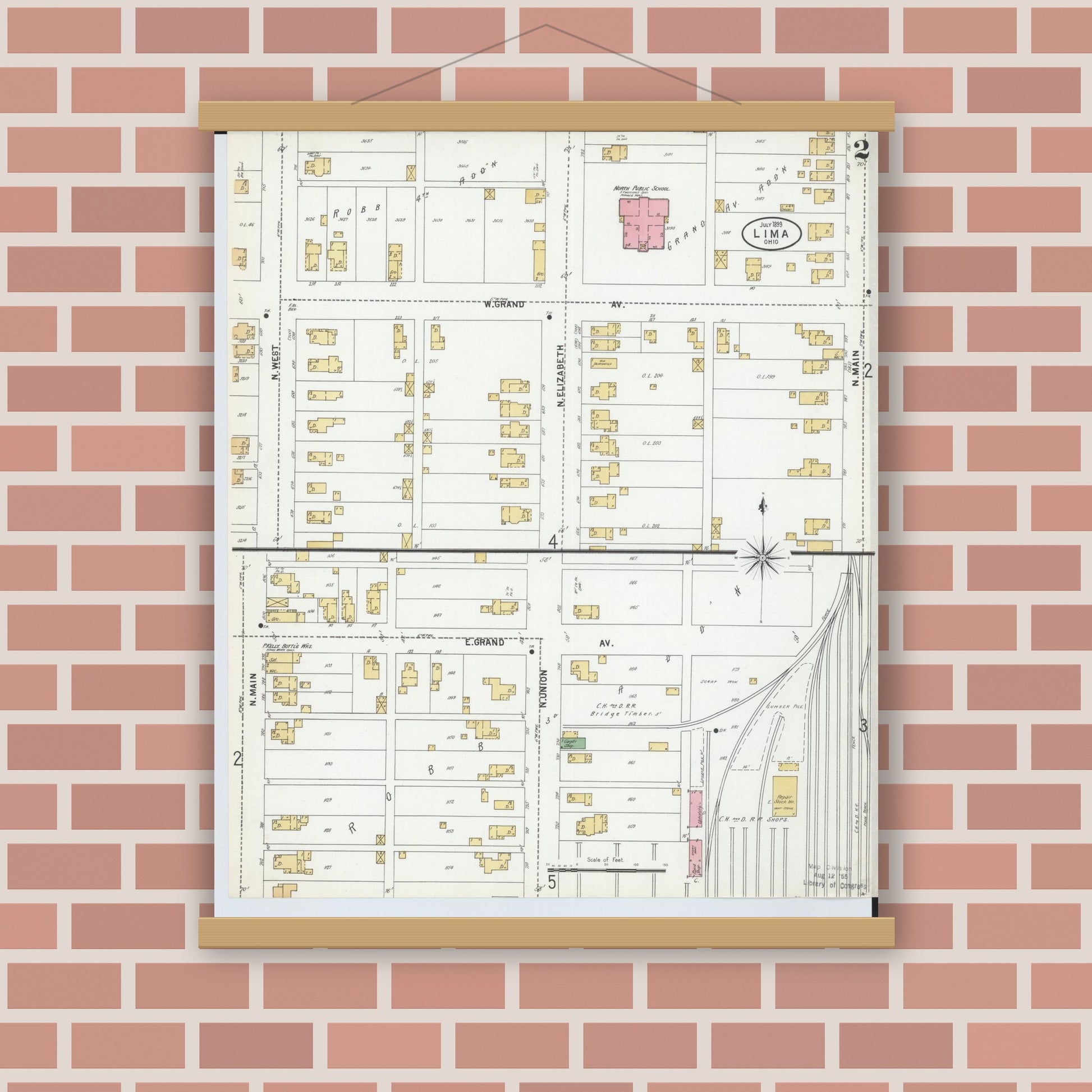 Old map wall art mockup — magnetic wood frame on brick wall — Sanborn Fire Insurance Map from Lima, Allen County, Ohio (1899), Sheet #0002