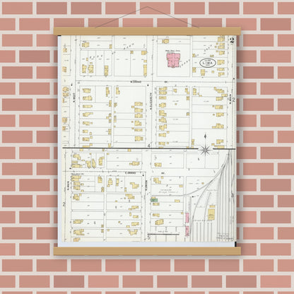 Old map wall art mockup — magnetic wood frame on brick wall — Sanborn Fire Insurance Map from Lima, Allen County, Ohio (1899), Sheet #0002