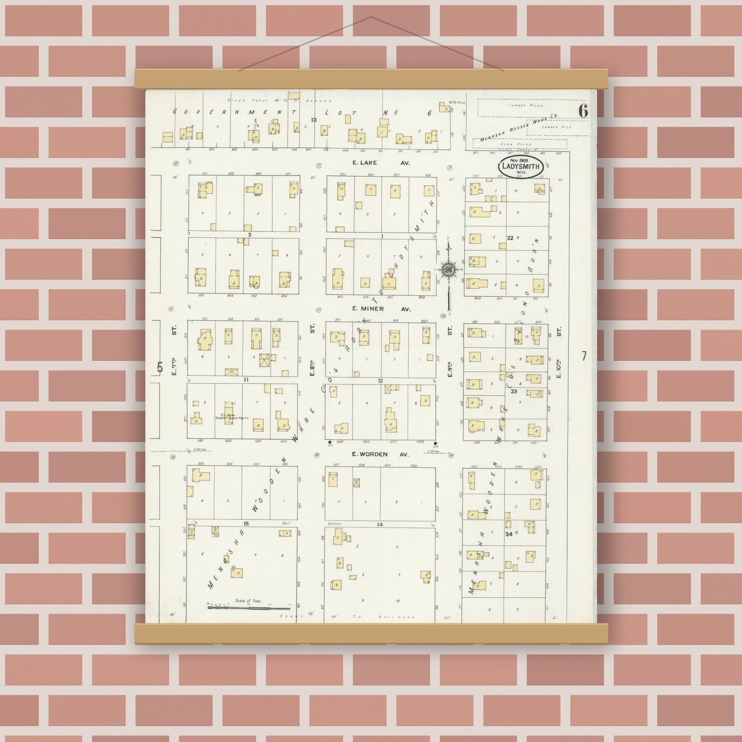 Old map wall art mockup — magnetic wood frame on brick wall — Sanborn Fire Insurance Map from Ladysmith, Rusk County, Wisconsin (1909), Sheet #0006