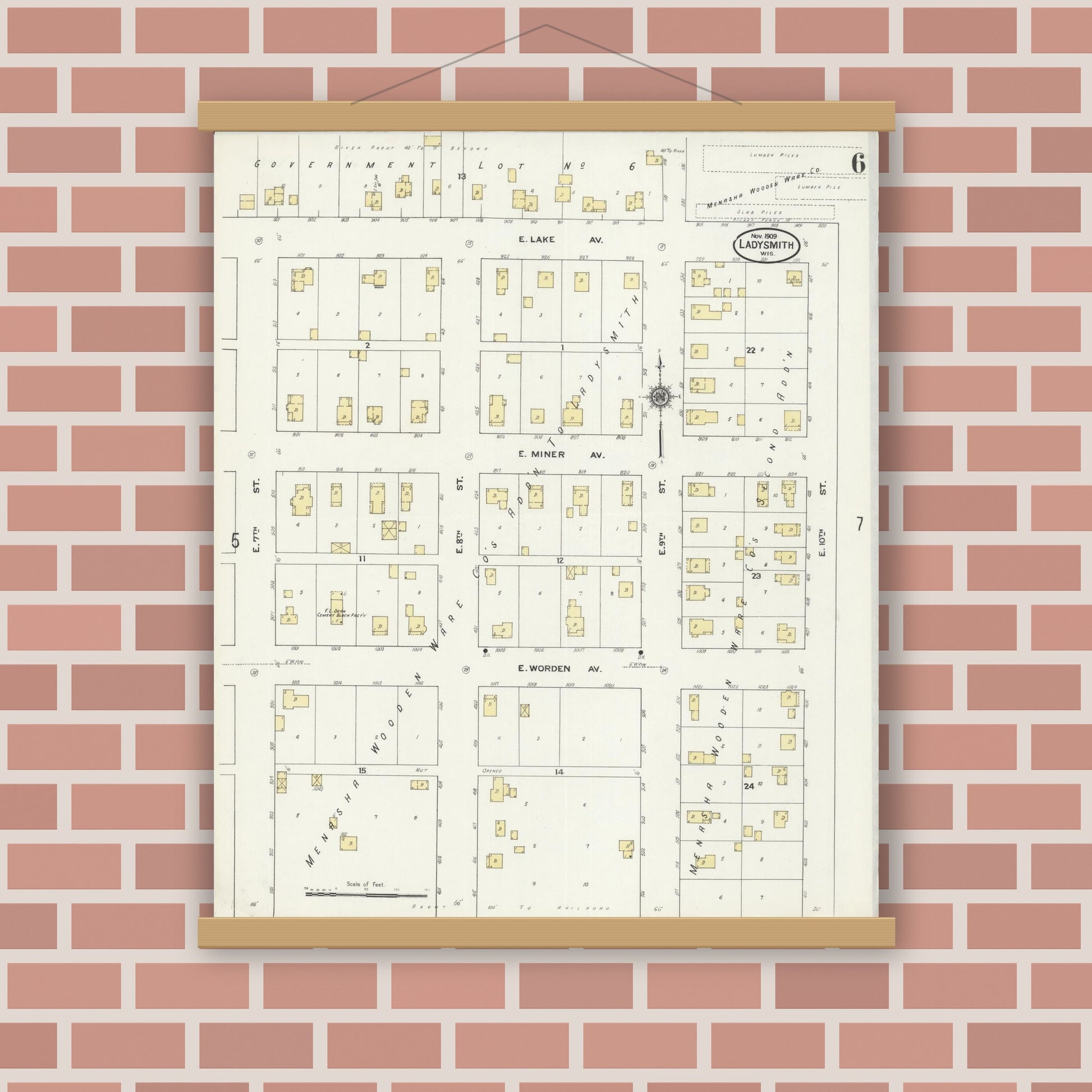 Old map wall art mockup — magnetic wood frame on brick wall — Sanborn Fire Insurance Map from Ladysmith, Rusk County, Wisconsin (1909), Sheet #0006