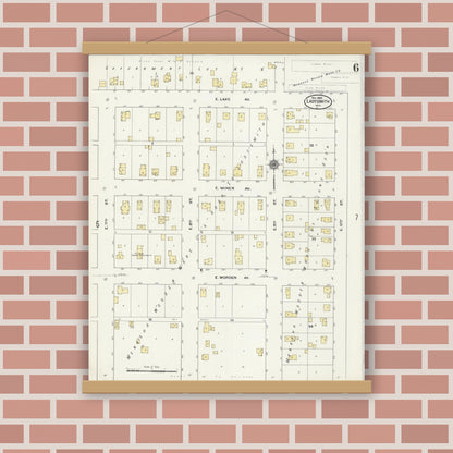 Old map wall art mockup — magnetic wood frame on brick wall — Sanborn Fire Insurance Map from Ladysmith, Rusk County, Wisconsin (1909), Sheet #0006