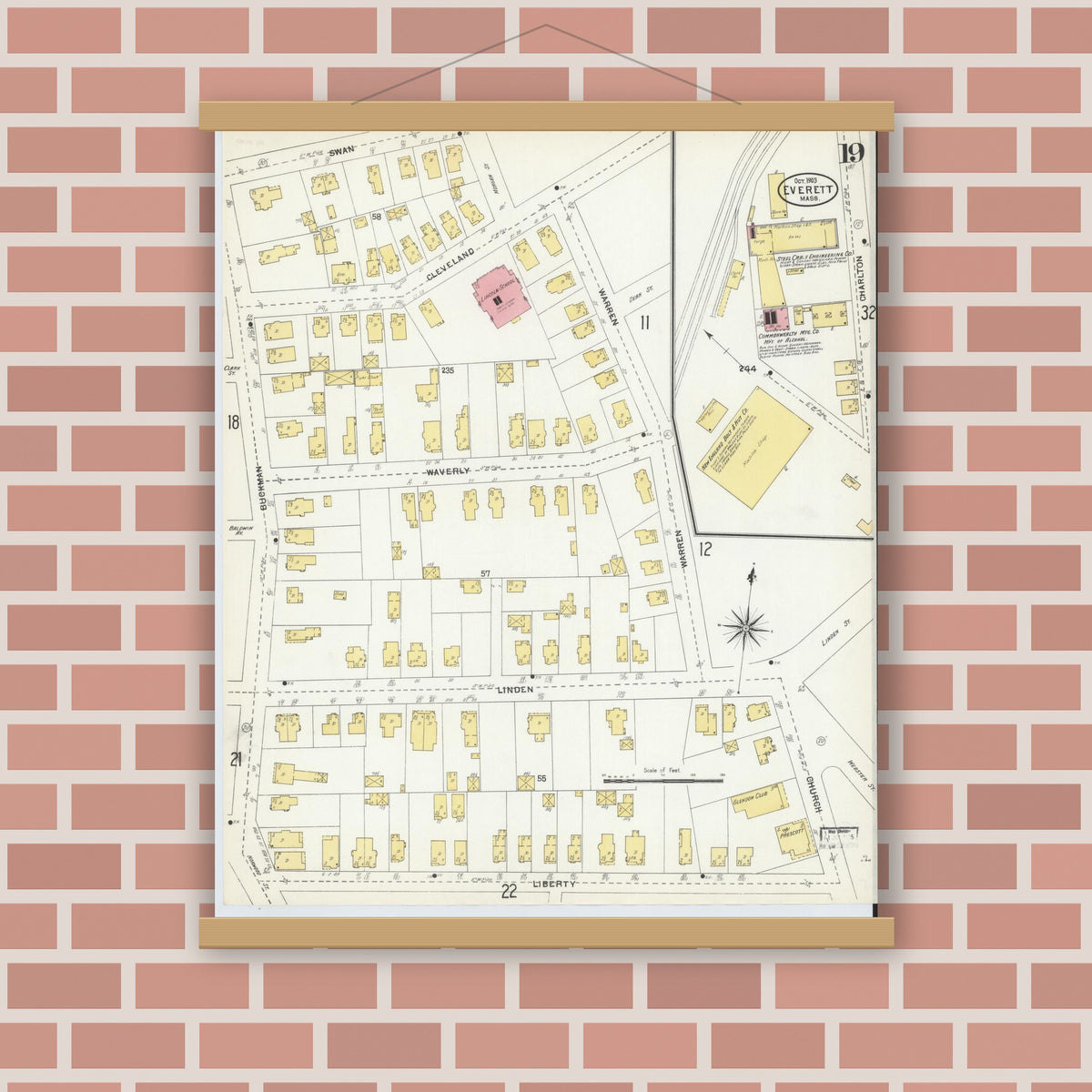 Old map wall art mockup — magnetic wood frame on brick wall — Sanborn Fire Insurance Map from Everett, Middlesex County, Massachusetts (1903), Sheet #0019