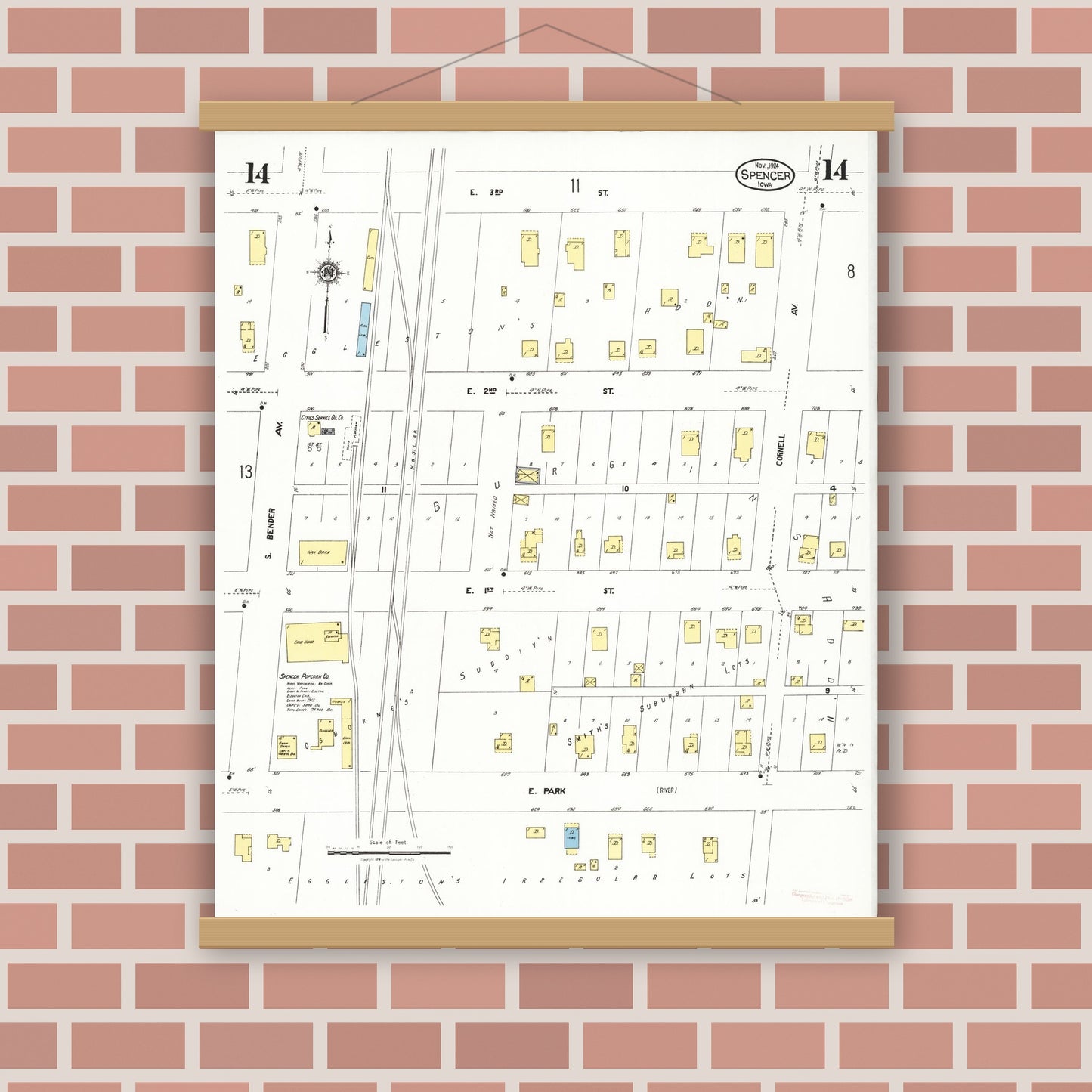 Old map wall art mockup — magnetic wood frame on brick wall — Sanborn Fire Insurance Map from Spencer, Clay County, Iowa (1924), Sheet #0014