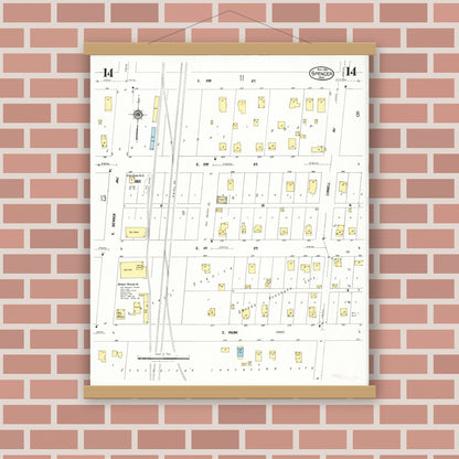 Old map wall art mockup — magnetic wood frame on brick wall — Sanborn Fire Insurance Map from Spencer, Clay County, Iowa (1924), Sheet #0014