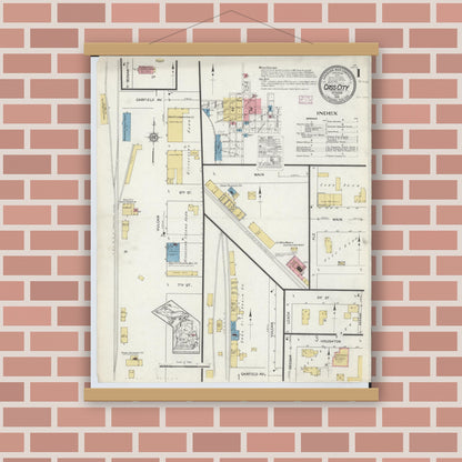 Old map wall art mockup — magnetic wood frame on brick wall — Sanborn Fire Insurance Map from Cass City, Tuscola County, Michigan (1916), Sheet #0001