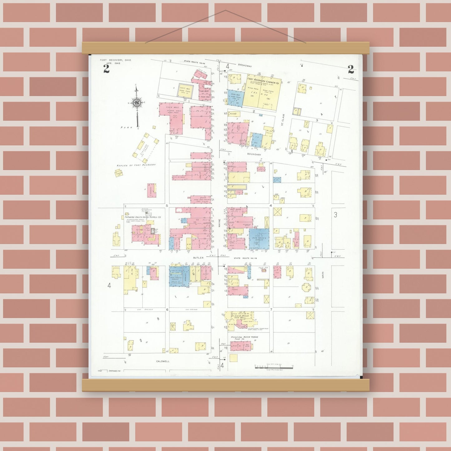 Old map wall art mockup — magnetic wood frame on brick wall — Sanborn Fire Insurance Map from Fort Recovery, Mercer County, Ohio (1946), Sheet #0002