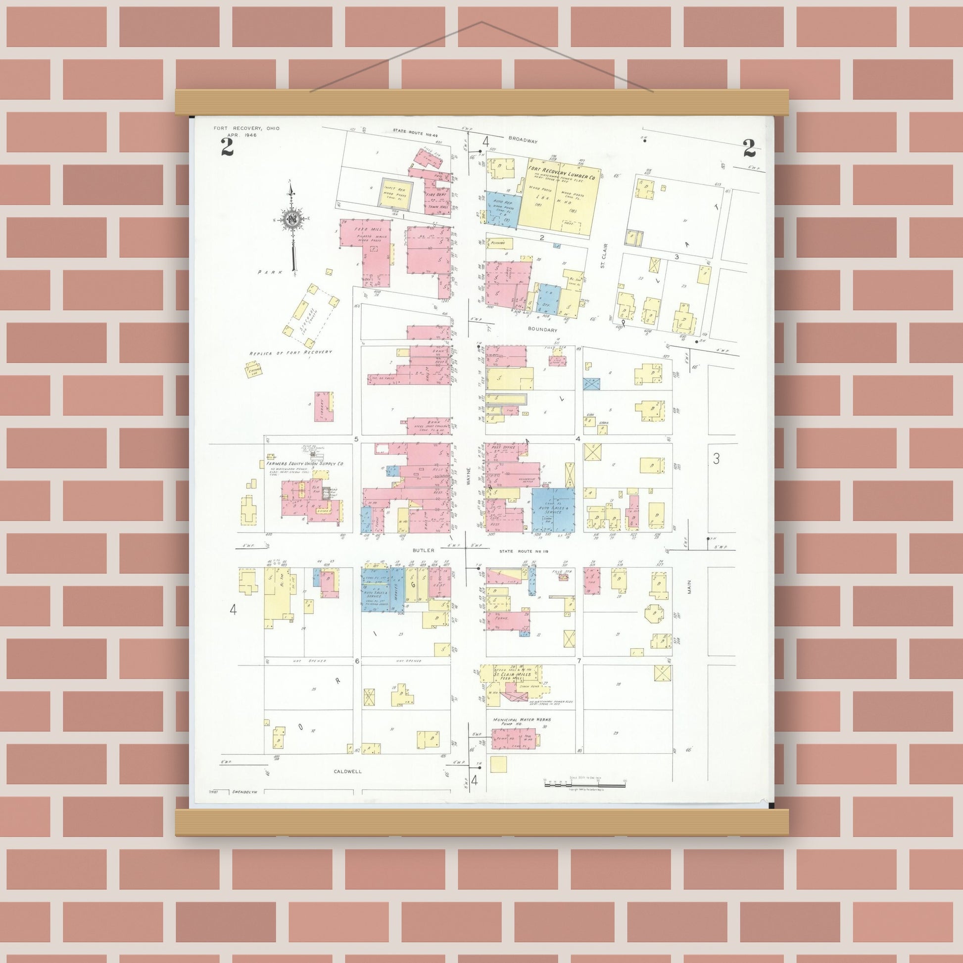 Old map wall art mockup — magnetic wood frame on brick wall — Sanborn Fire Insurance Map from Fort Recovery, Mercer County, Ohio (1946), Sheet #0002