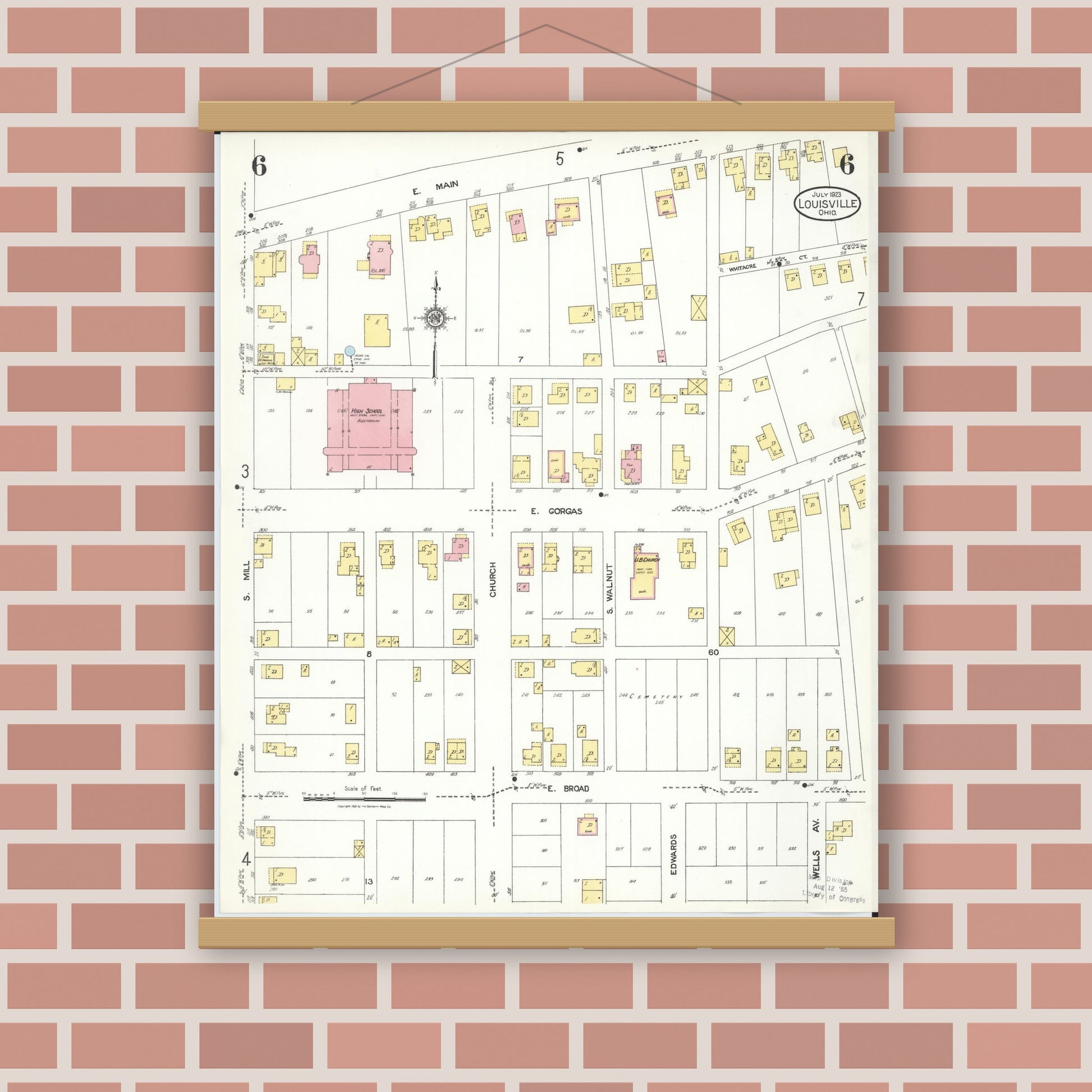 Old map wall art mockup — magnetic wood frame on brick wall — Sanborn Fire Insurance Map from Louisville, Stark County, Ohio (1923), Sheet #0006