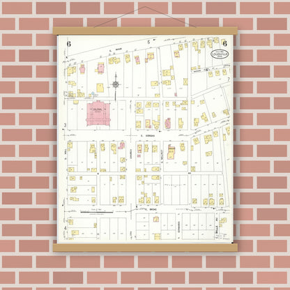 Old map wall art mockup — magnetic wood frame on brick wall — Sanborn Fire Insurance Map from Louisville, Stark County, Ohio (1923), Sheet #0006