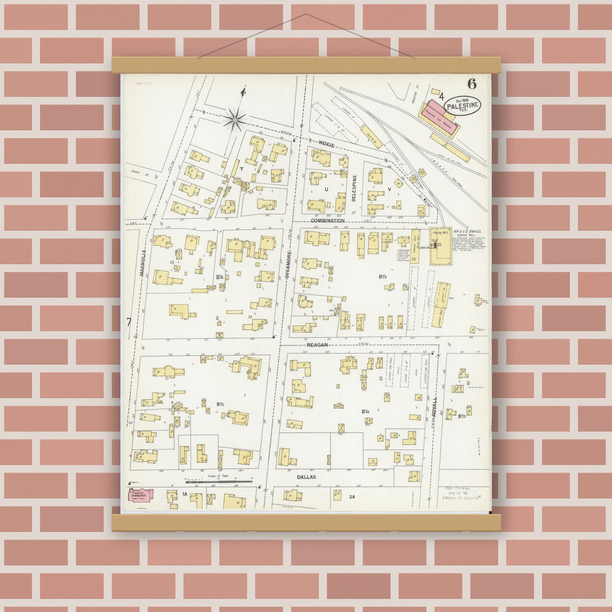 Old map wall art mockup — magnetic wood frame on brick wall — Sanborn Fire Insurance Map from Palestine, Anderson County, Texas (1900), Sheet #0006