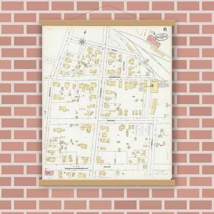 Old map wall art mockup — magnetic wood frame on brick wall — Sanborn Fire Insurance Map from Palestine, Anderson County, Texas (1900), Sheet #0006