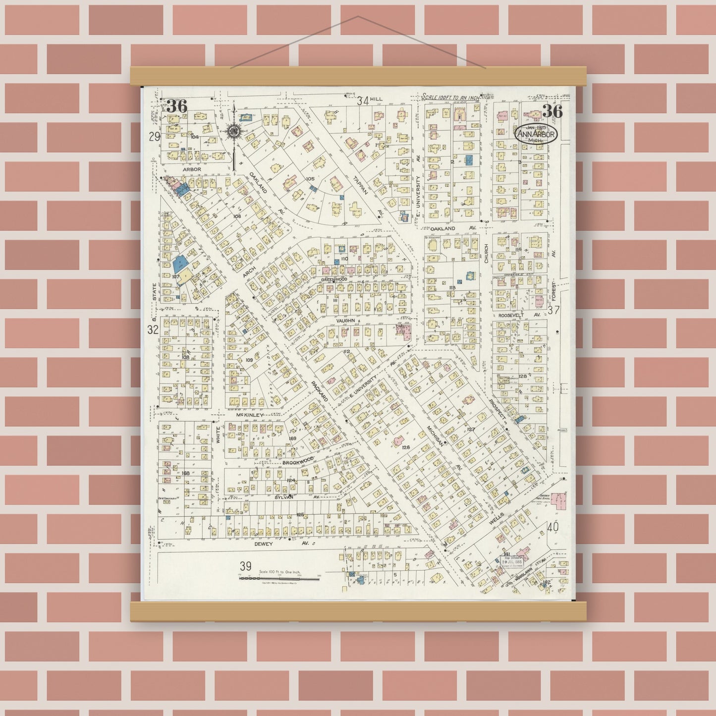 Old map wall art mockup — magnetic wood frame on brick wall — Sanborn Fire Insurance Map from Ann Arbor, Washtenaw County, Michigan (1925), Sheet #0036