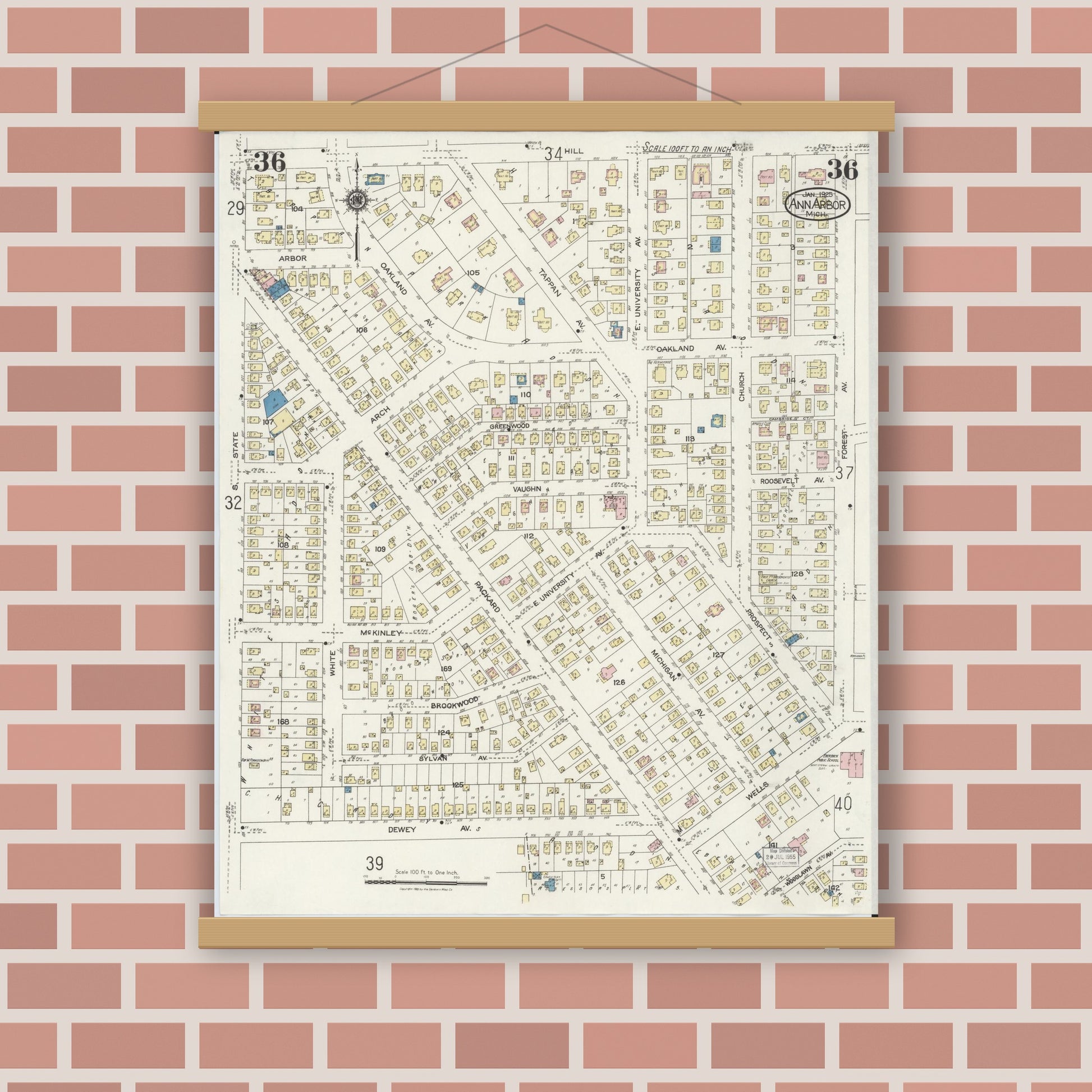 Old map wall art mockup — magnetic wood frame on brick wall — Sanborn Fire Insurance Map from Ann Arbor, Washtenaw County, Michigan (1925), Sheet #0036