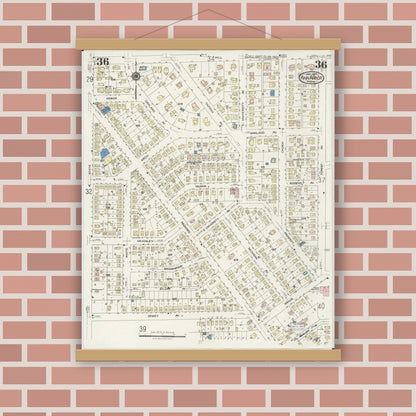 Old map wall art mockup — magnetic wood frame on brick wall — Sanborn Fire Insurance Map from Ann Arbor, Washtenaw County, Michigan (1925), Sheet #0036