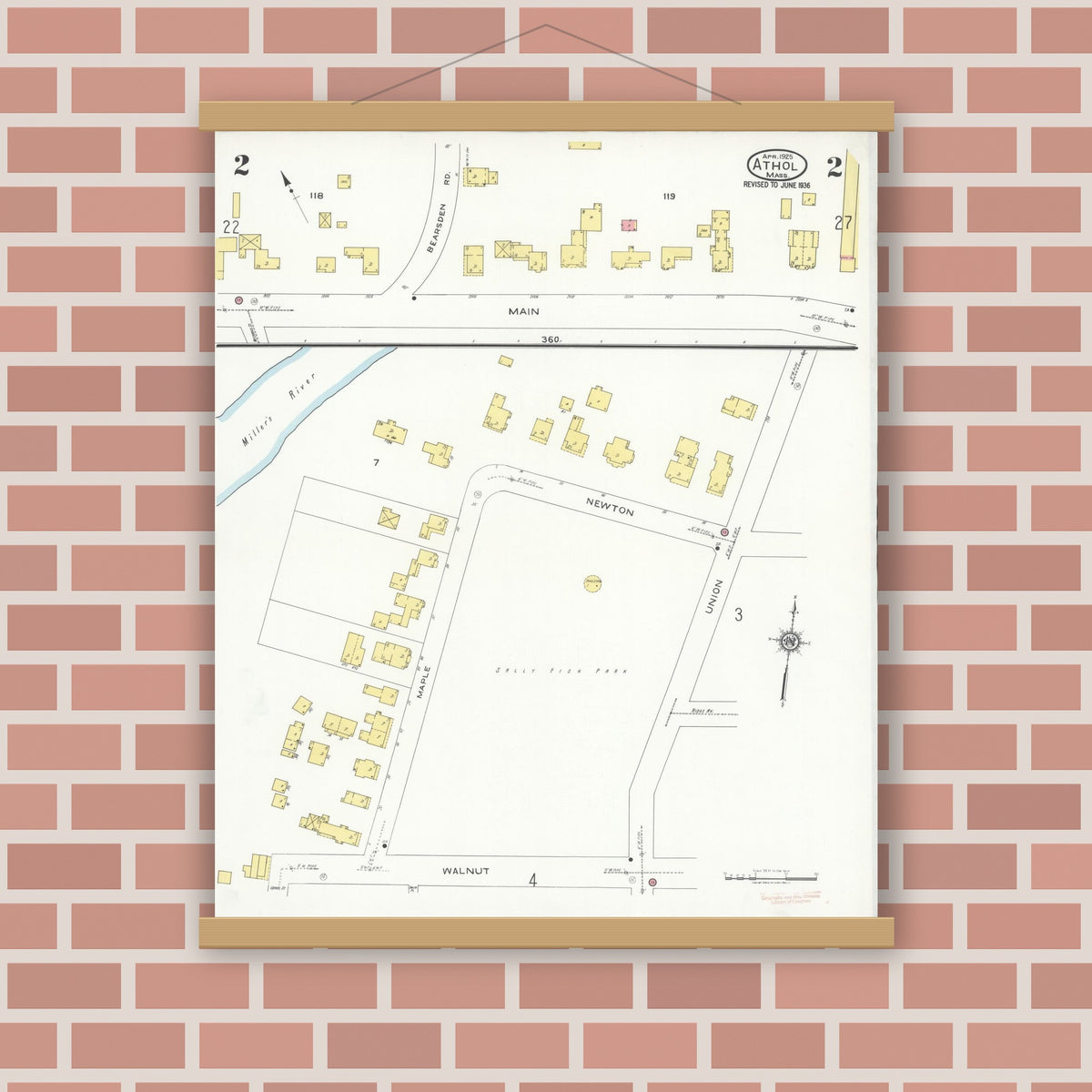 Old map wall art mockup — magnetic wood frame on brick wall — Sanborn Fire Insurance Map from Athol, Worcester County, Massachusetts (1936), Sheet #0002