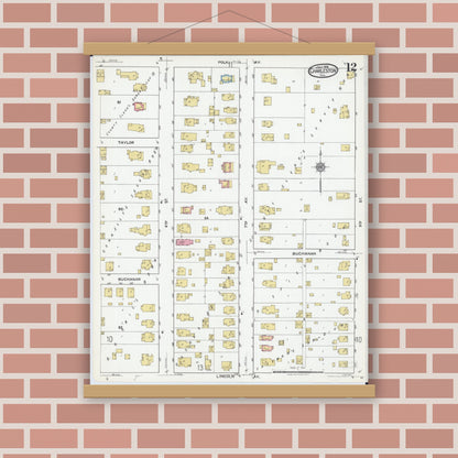 Old map wall art mockup — magnetic wood frame on brick wall — Sanborn Fire Insurance Map from Charleston, Coles County, Illinois (1919), Sheet #0012