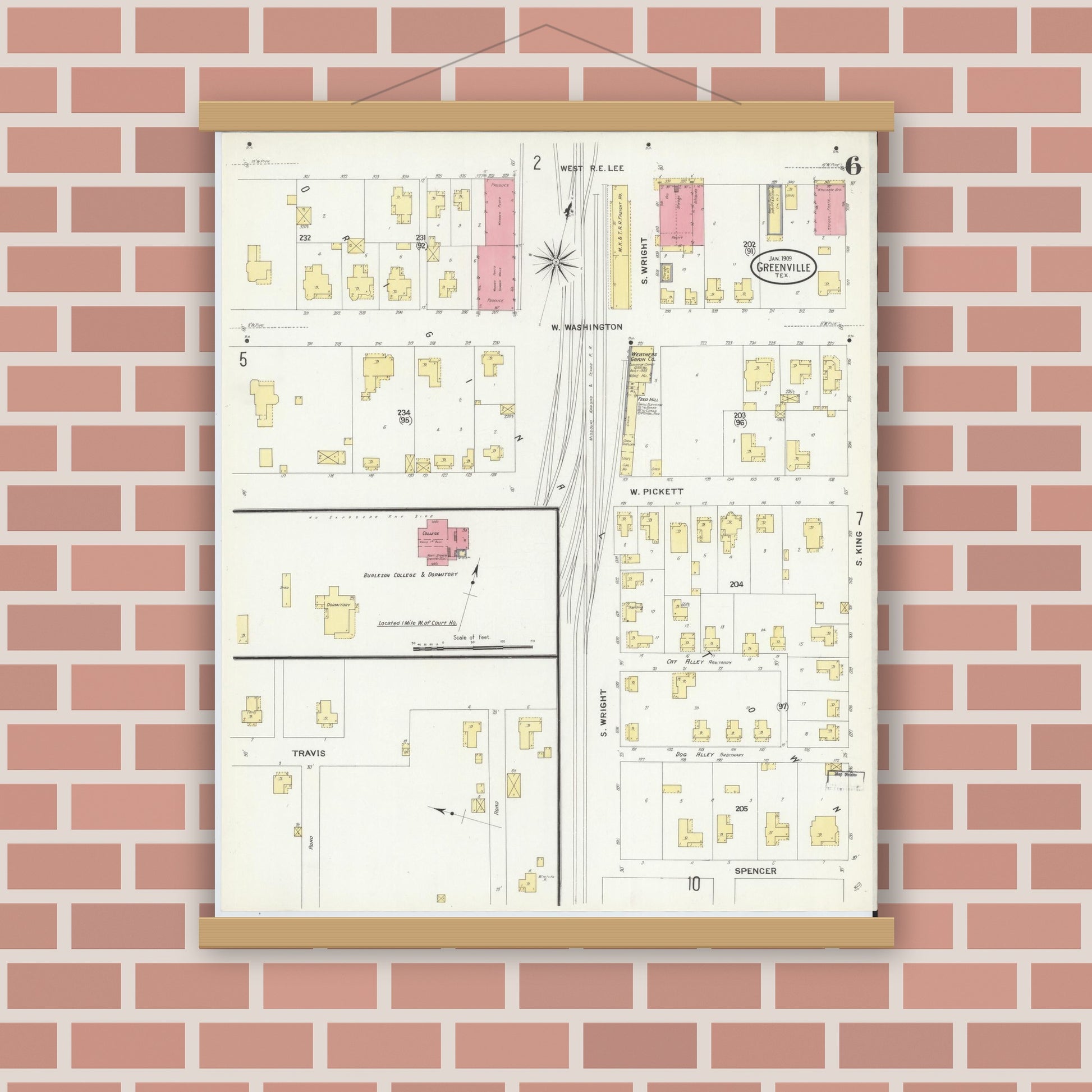 Old map wall art mockup — magnetic wood frame on brick wall — Sanborn Fire Insurance Map from Greenville, Hunt County, Texas (1909), Sheet #0006