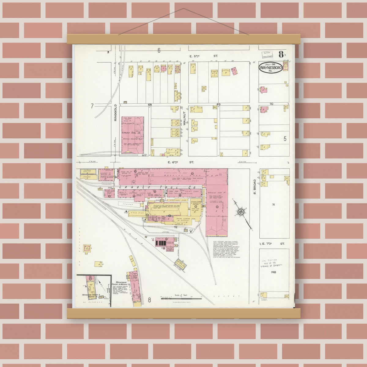 Old map wall art mockup — magnetic wood frame on brick wall — Sanborn Fire Insurance Map from Waynesboro, Franklin County, Pennsylvania (1916), Sheet #0008