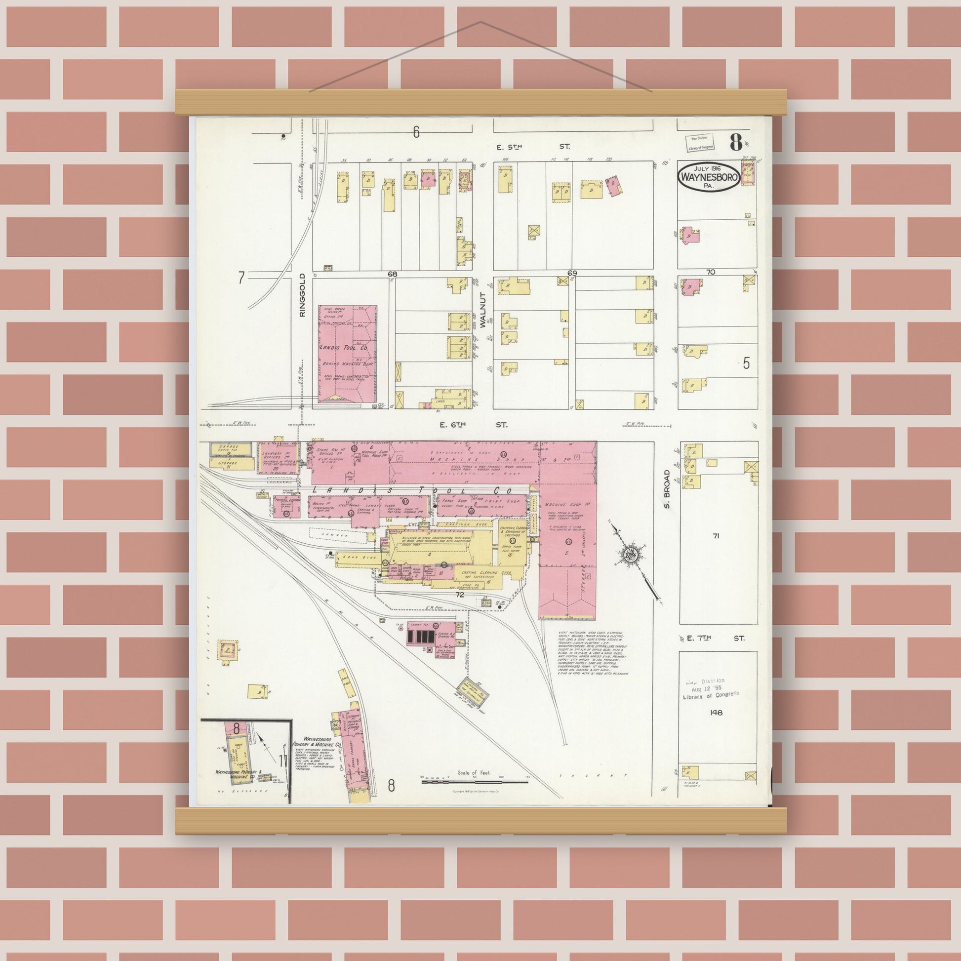 Old map wall art mockup — magnetic wood frame on brick wall — Sanborn Fire Insurance Map from Waynesboro, Franklin County, Pennsylvania (1916), Sheet #0008
