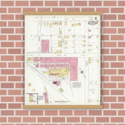 Old map wall art mockup — magnetic wood frame on brick wall — Sanborn Fire Insurance Map from Waynesboro, Franklin County, Pennsylvania (1916), Sheet #0008