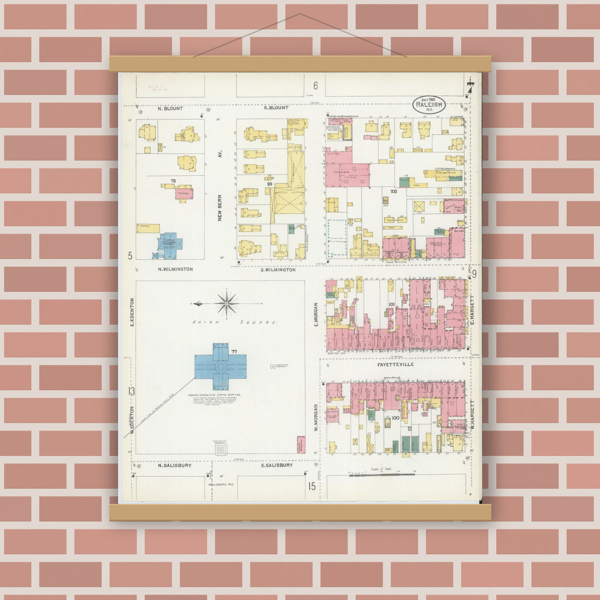 Old map wall art mockup — magnetic wood frame on brick wall — Sanborn Fire Insurance Map from Raleigh, Wake County, North Carolina (1903), Sheet #0007
