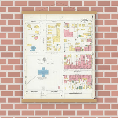 Old map wall art mockup — magnetic wood frame on brick wall — Sanborn Fire Insurance Map from Raleigh, Wake County, North Carolina (1903), Sheet #0007