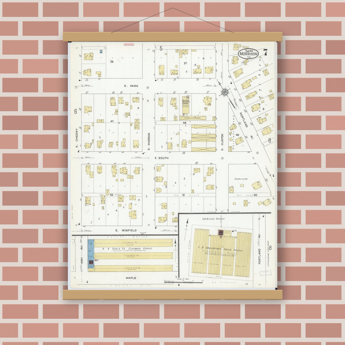 Old map wall art mockup — magnetic wood frame on brick wall — Sanborn Fire Insurance Map from Morrison, Whiteside County, Illinois (1912), Sheet #0007
