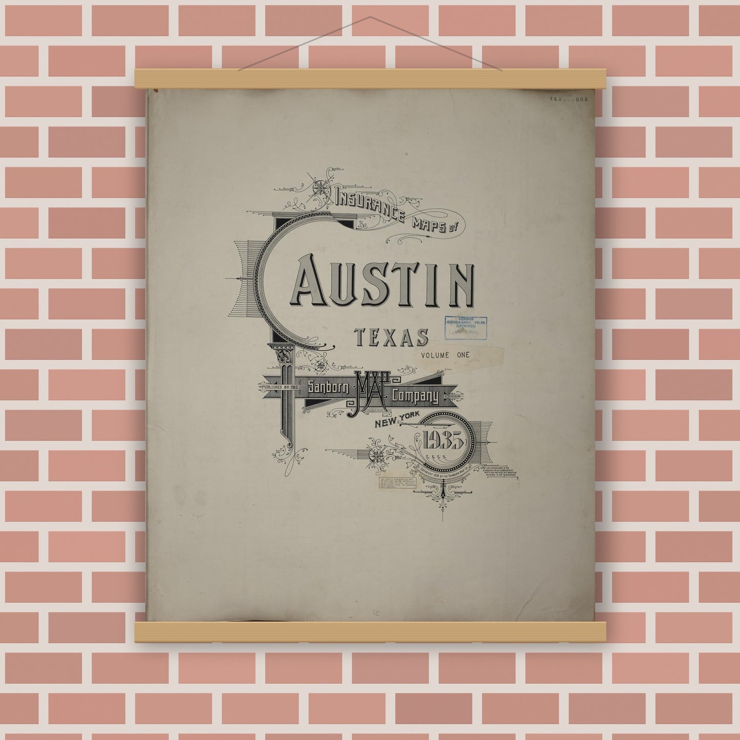 Old map wall art mockup — magnetic wood frame on brick wall — Sanborn Fire Insurance Map from Austin, Travis County, Texas (1961), Sheet #0001