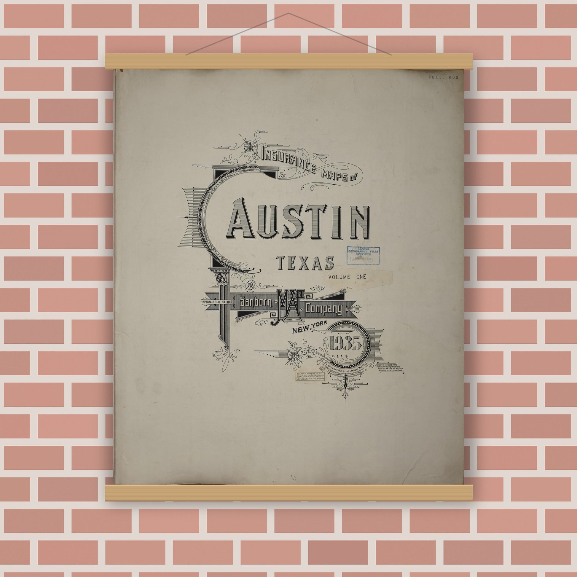 Old map wall art mockup — magnetic wood frame on brick wall — Sanborn Fire Insurance Map from Austin, Travis County, Texas (1961), Sheet #0001