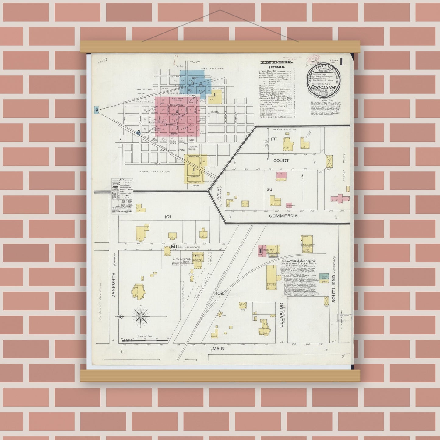 Old map wall art mockup — magnetic wood frame on brick wall — Sanborn Fire Insurance Map from Charleston, Mississippi County, Missouri (1893) - Complete Map Set