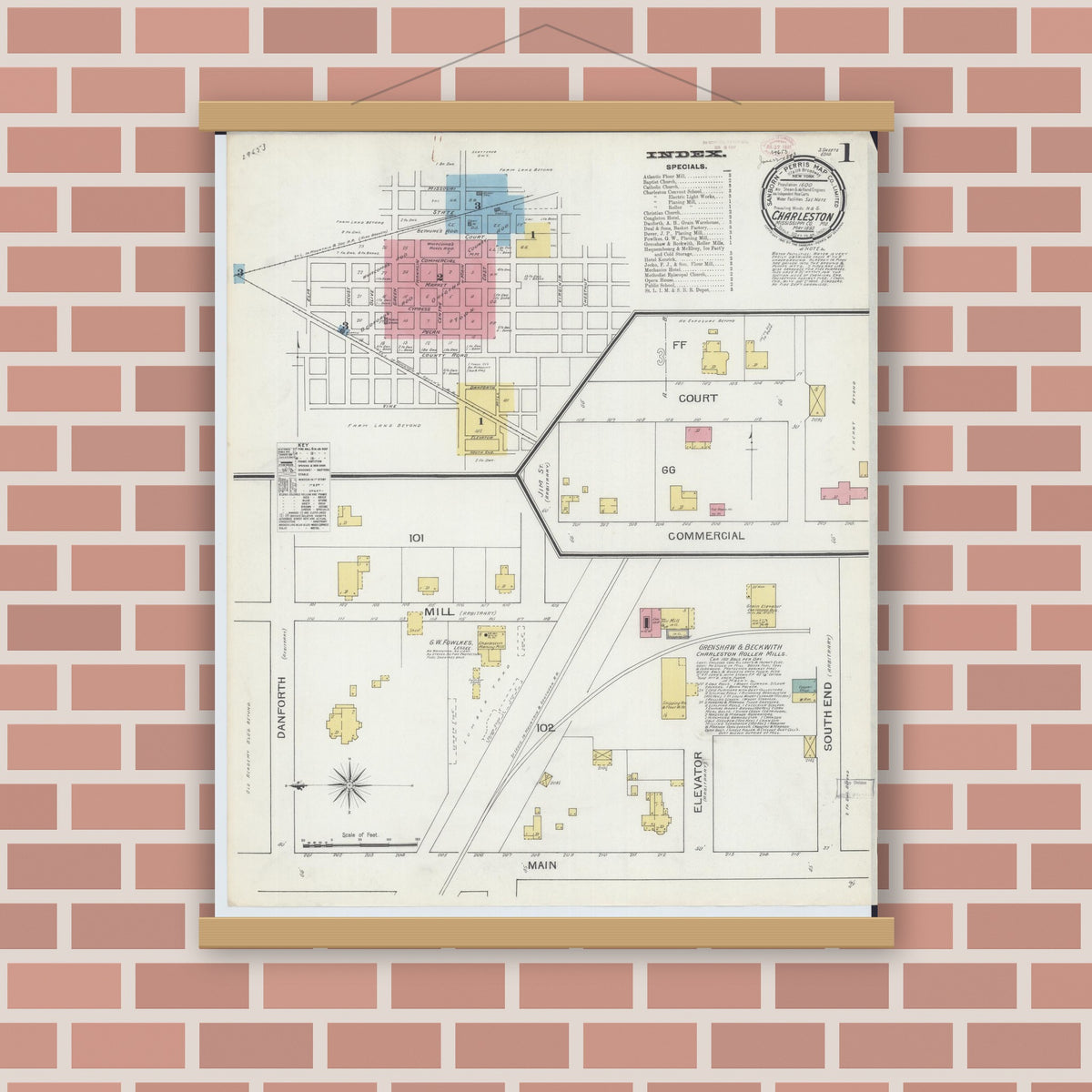 Old map wall art mockup — magnetic wood frame on brick wall — Sanborn Fire Insurance Map from Charleston, Mississippi County, Missouri (1893) - Complete Map Set