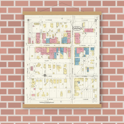 Old map wall art mockup — magnetic wood frame on brick wall — Sanborn Fire Insurance Map from Tarpon Springs, Pinellas County, Florida (1926), Sheet #0003