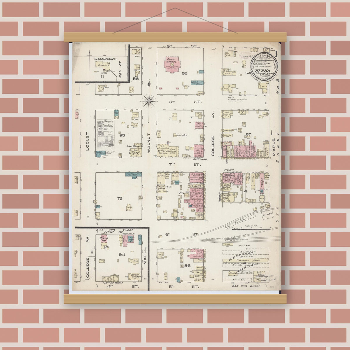 Old map wall art mockup — magnetic wood frame on brick wall — Sanborn Fire Insurance Map from Aledo, Mercer County, Illinois (1885) - Complete Map Set