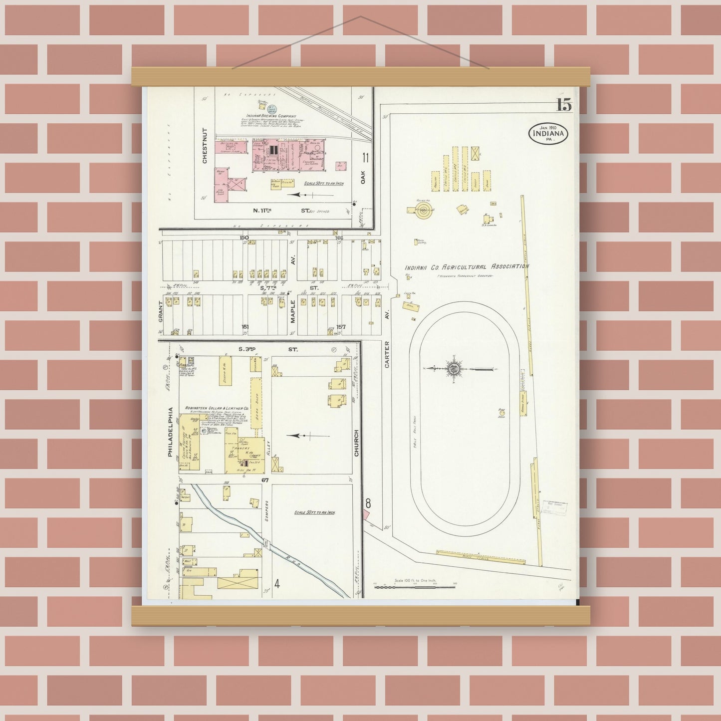 Old map wall art mockup — magnetic wood frame on brick wall — Sanborn Fire Insurance Map from Indiana, Indiana County, Pennsylvania (1910), Sheet #0015