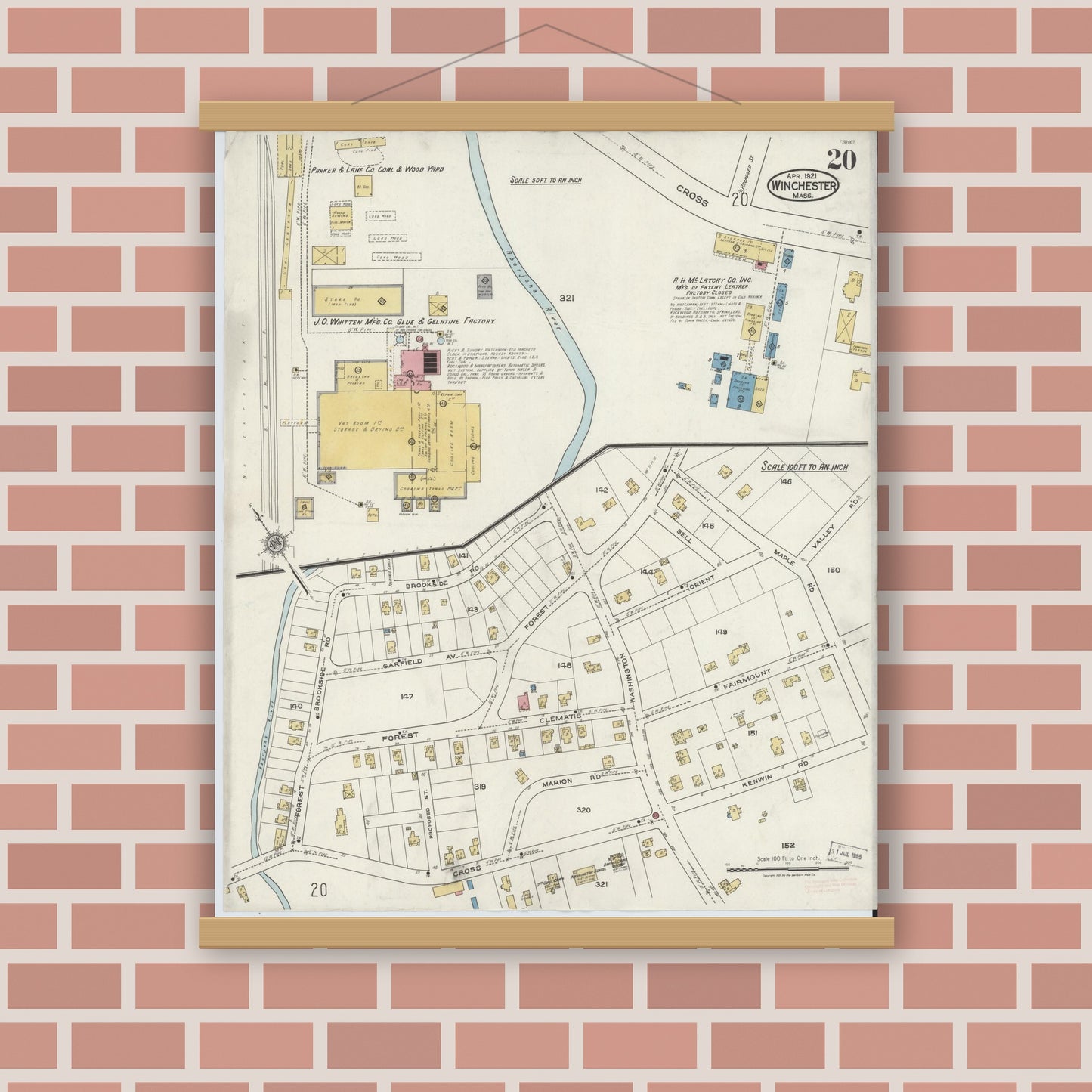 Old map wall art mockup — magnetic wood frame on brick wall — Sanborn Fire Insurance Map from Winchester, Middlesex County, Massachusetts (1921), Sheet #0020