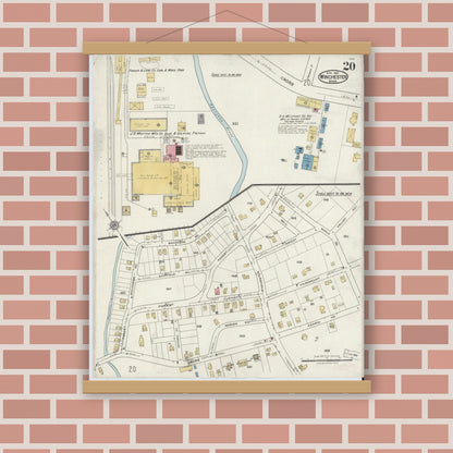 Old map wall art mockup — magnetic wood frame on brick wall — Sanborn Fire Insurance Map from Winchester, Middlesex County, Massachusetts (1921), Sheet #0020