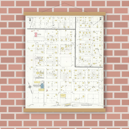 Old map wall art mockup — magnetic wood frame on brick wall — Sanborn Fire Insurance Map from Valley Mills, Bosque County, Texas (1932), Sheet #0002