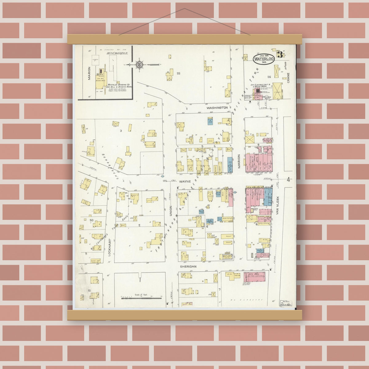 Old map wall art mockup — magnetic wood frame on brick wall — Sanborn Fire Insurance Map from Waterloo, De Kalb County, Indiana (1914), Sheet #0003